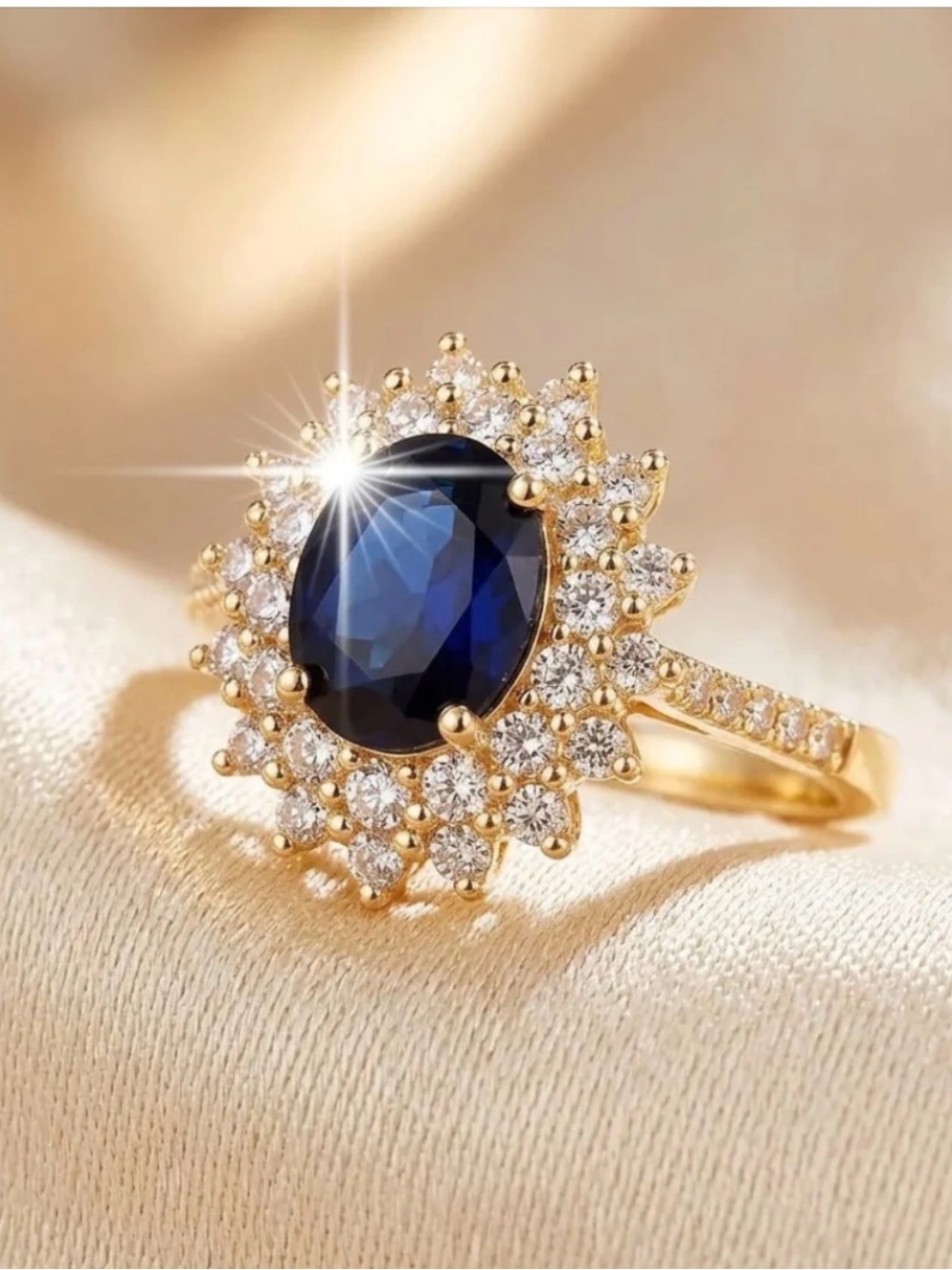 Gold Ring with Deep Blue Oval Center and Halo Diamonds * Size 8 BRAND NEW NEVER